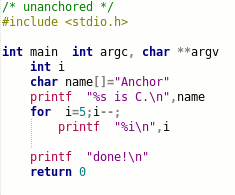 Anchor: for i=5;i--; C: for (i=5;i--;){
